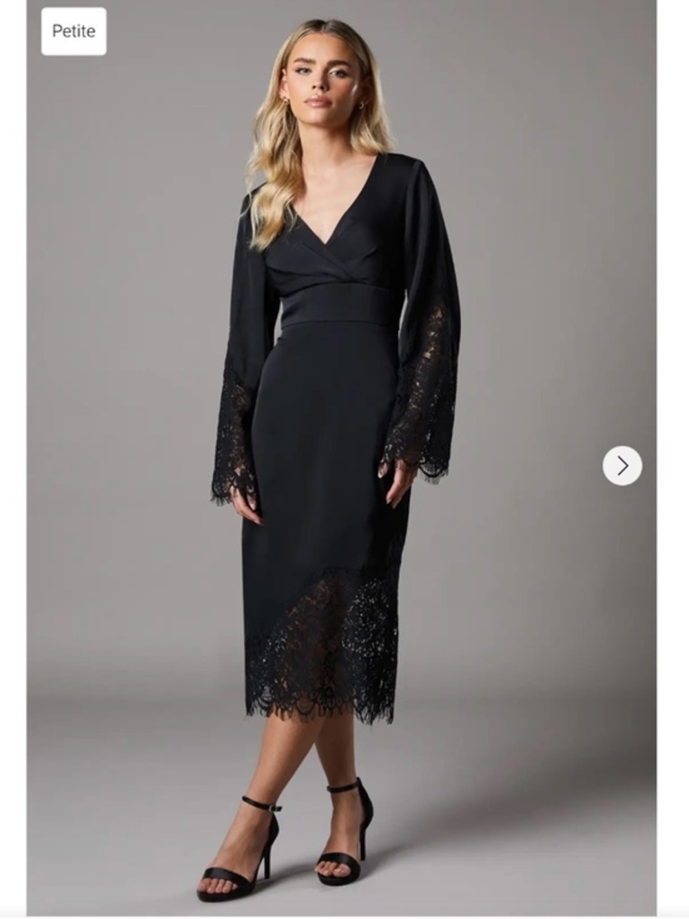 Coast Petite Lace Paneled Black Satin Faux Wrap Midi Pencil Dress 4